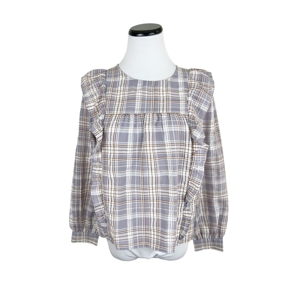 Ann Taylor Loft Plaid Ruffle Trim Long Sleeve Blouse Size Medium Petite - Picture 3 of 9